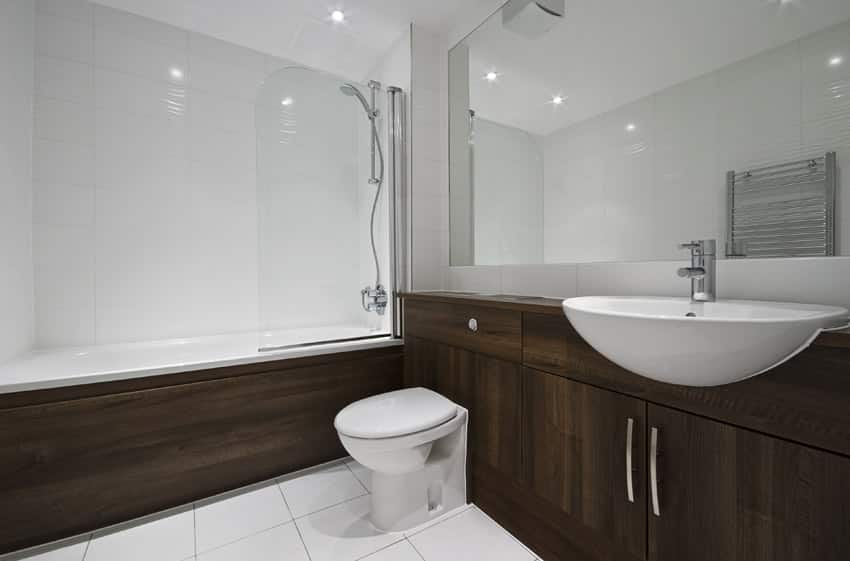 Modern luxury bathroom with hard wood decorative elements