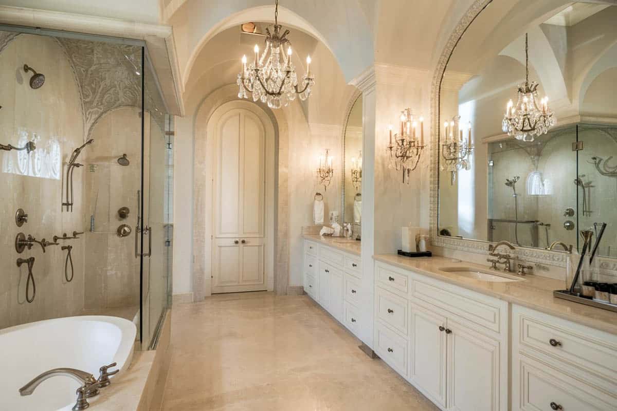 Luxury master suite bathroom with elegant crystal chandelier