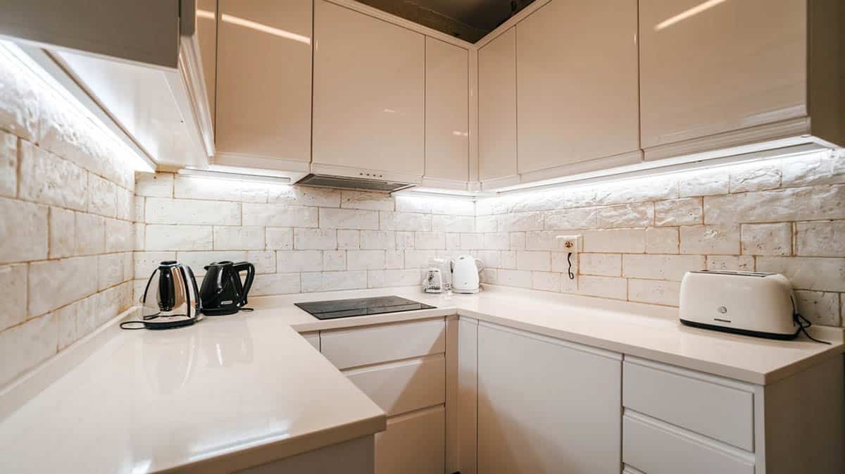 small footprint kitchen with glossy white cabinetry and textured ceramic backsplash