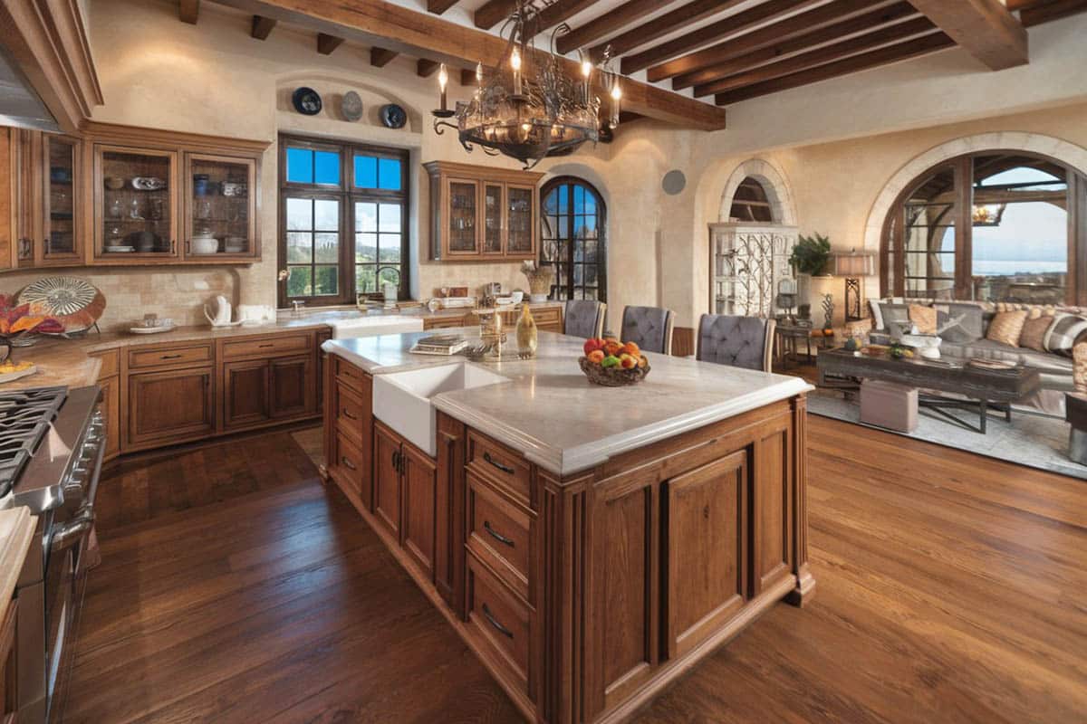 Mediterranean kitchen with apron sink and wood beam ceiling
