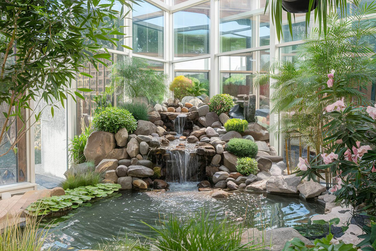Backyard Asian garden with waterfall