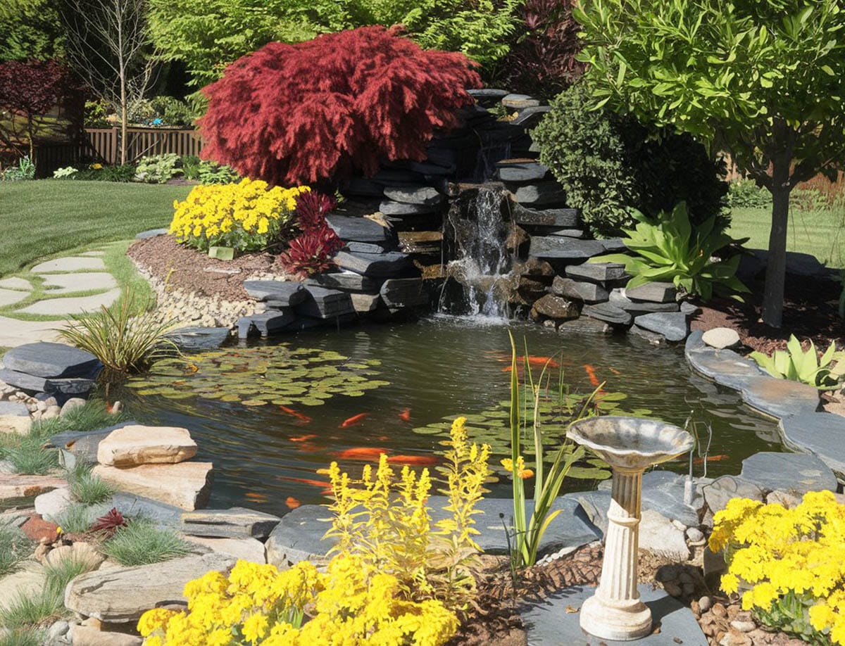 Backyard koi pond with waterfall