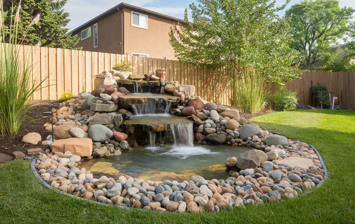 Backyard stone water feature waterfall