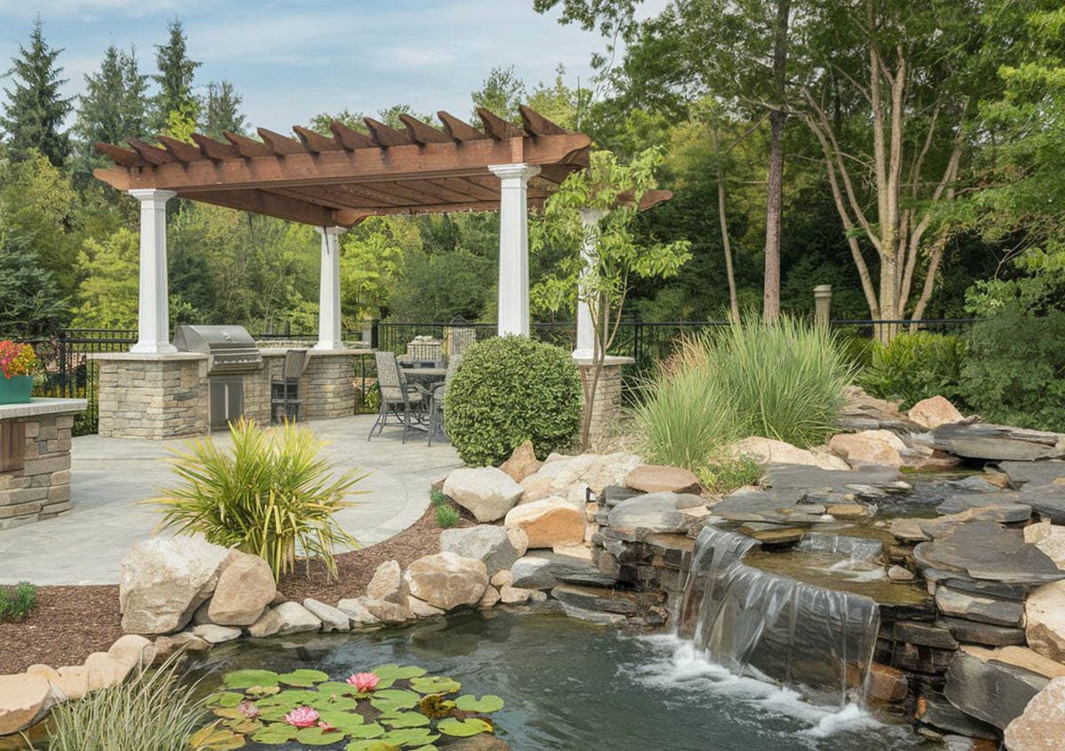 Backyard waterfall and stream next to pergola