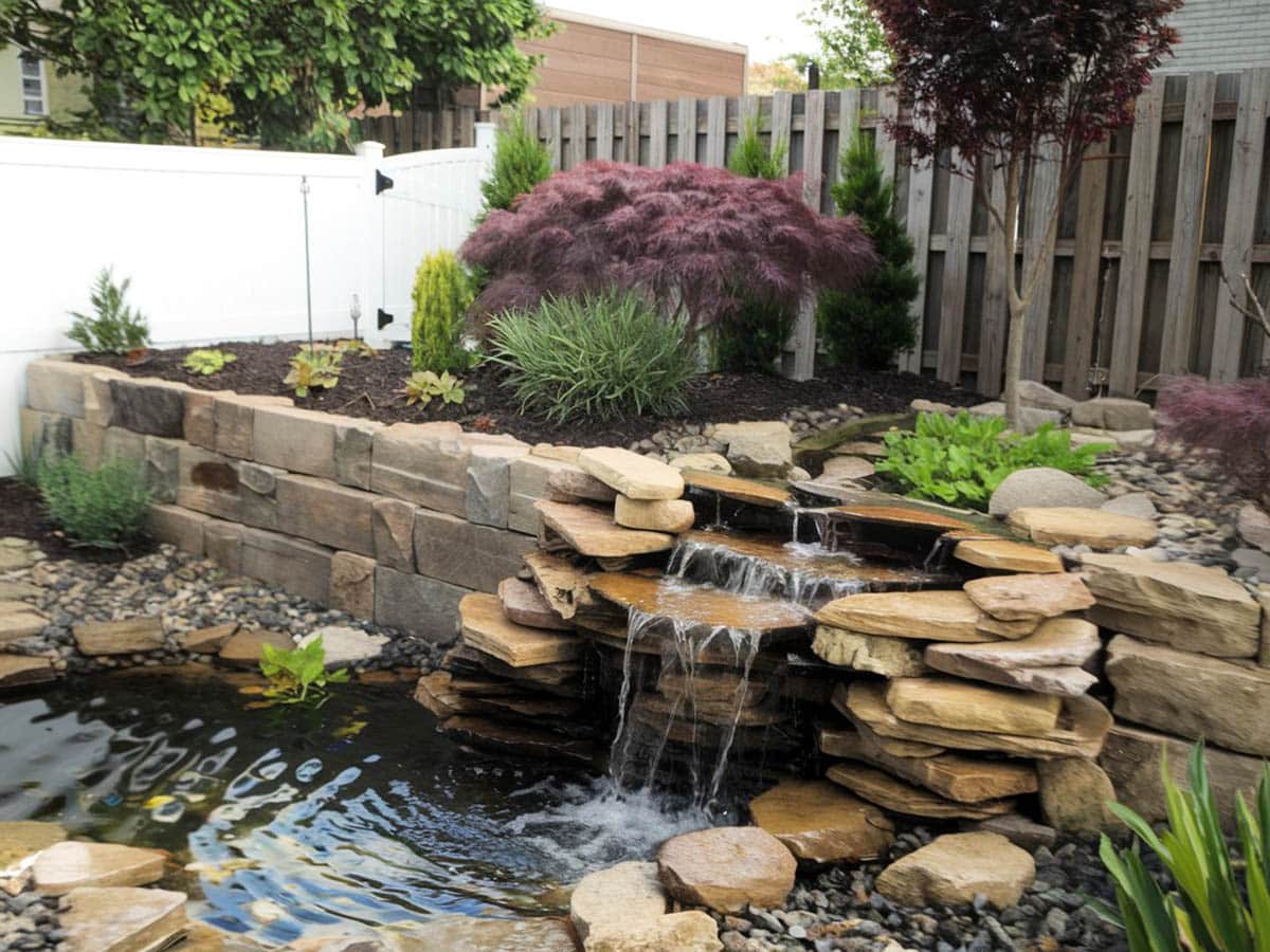 Backyard waterfall over paver retaining wall