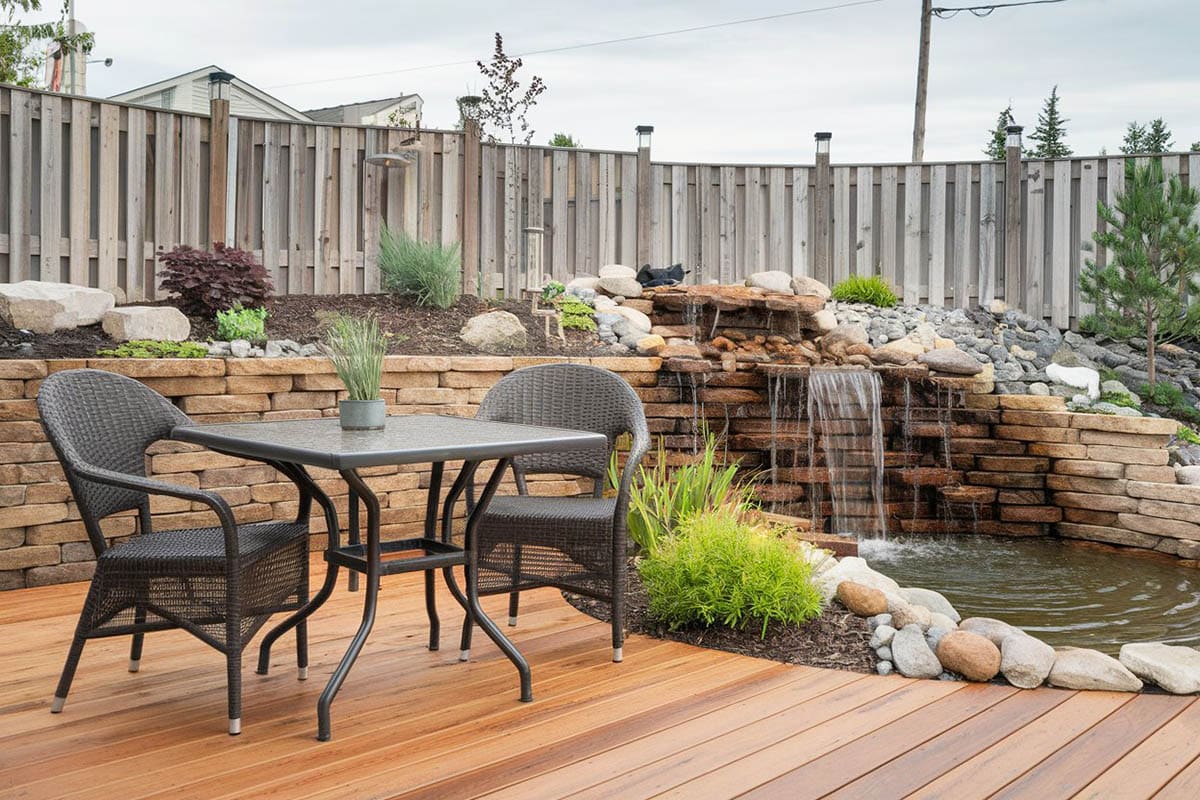 Deck waterfall with outdoor dining and seating