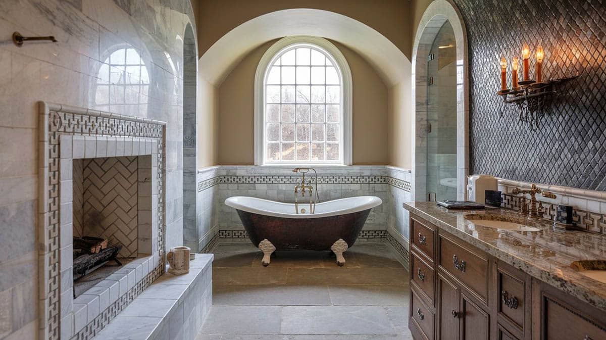 Bathroom with double slipper tub with fireplace