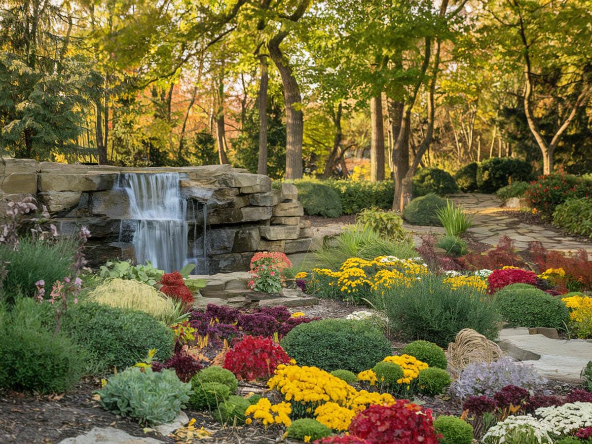 Beautiful flower garden waterfall
