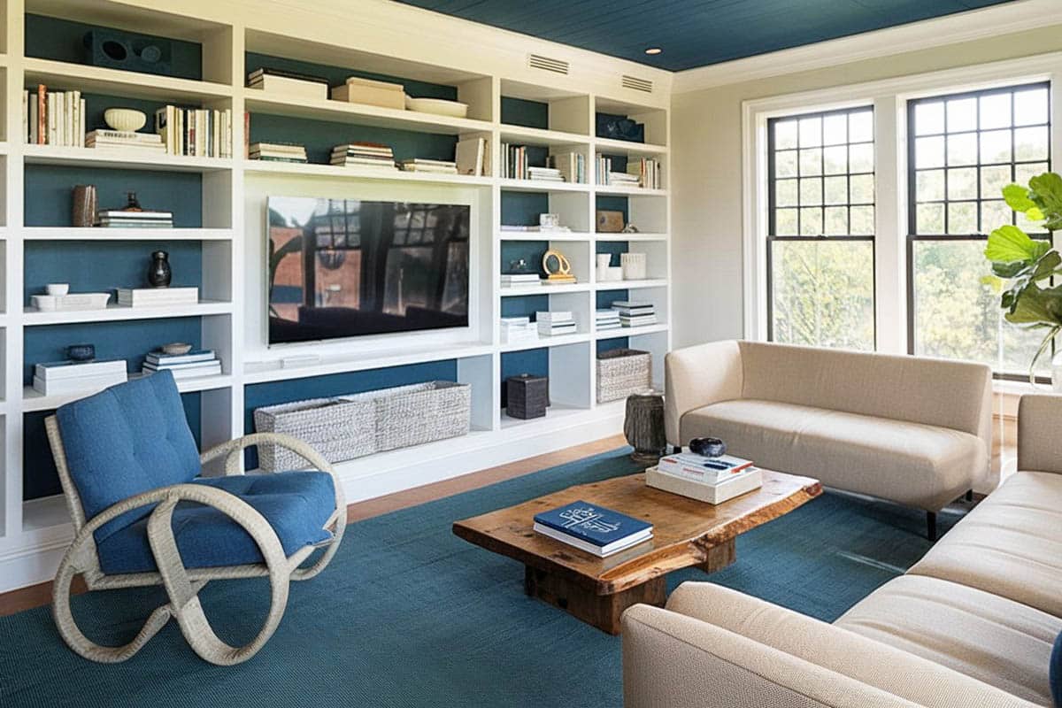 Contemporary living room with white built in bookshelves and blue back wall behind