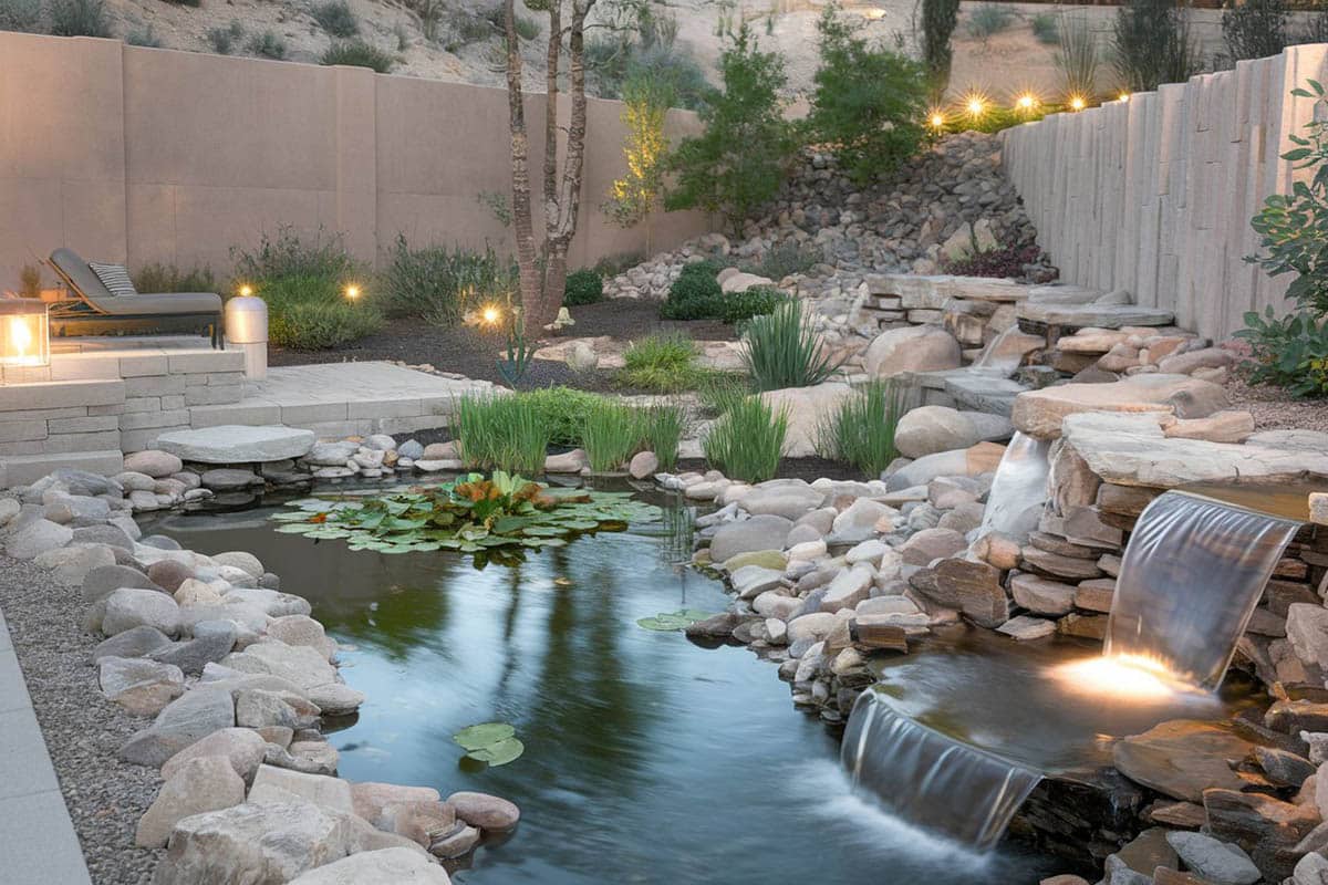 Custom pond and waterfall in backyard