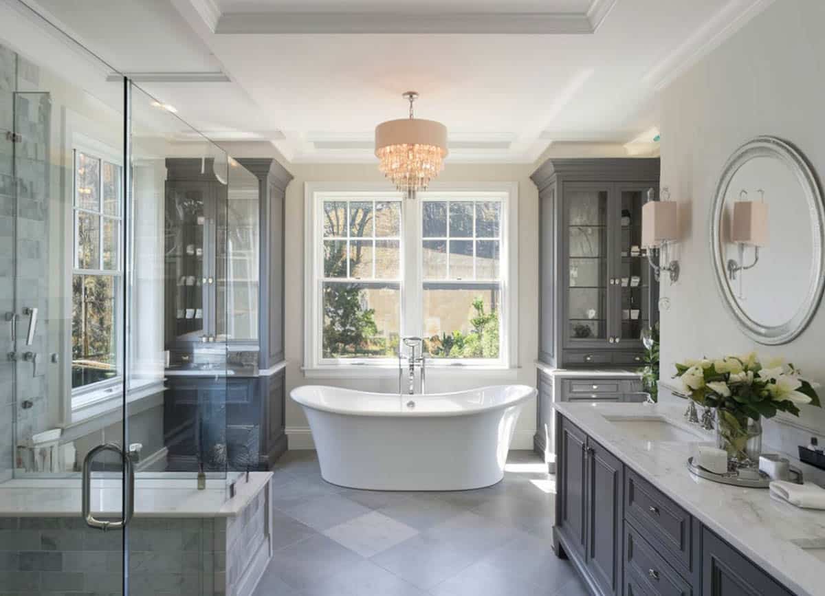 Bathroom with slipper style tub and garden view from bathtub