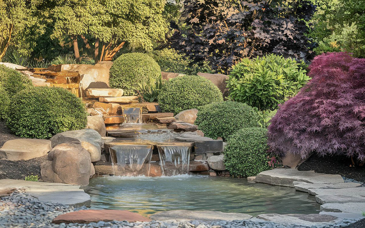 Flowing water feature river to pond in Asian garden