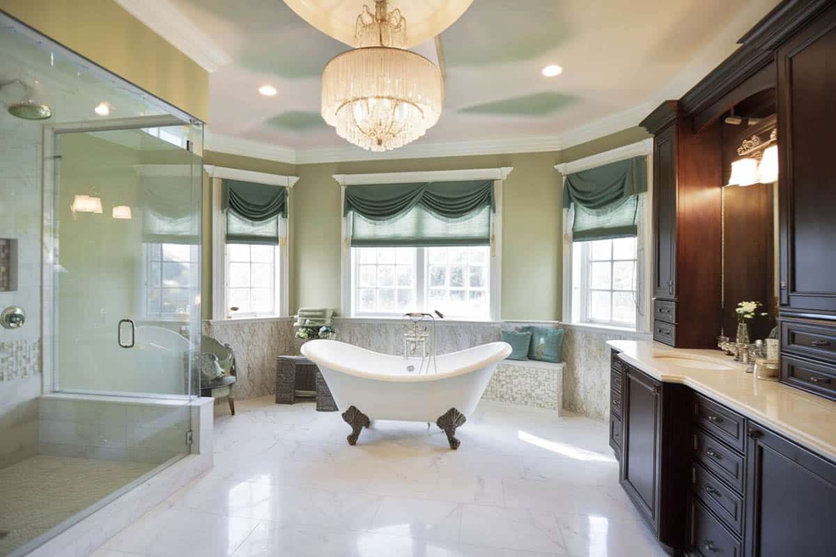 Bathroom with sage green wall, slipper tub, white marble floors and bay window