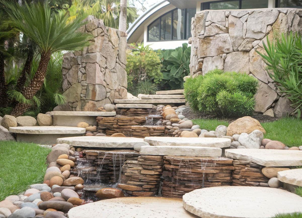 Modern stacked stone water feature in backyard