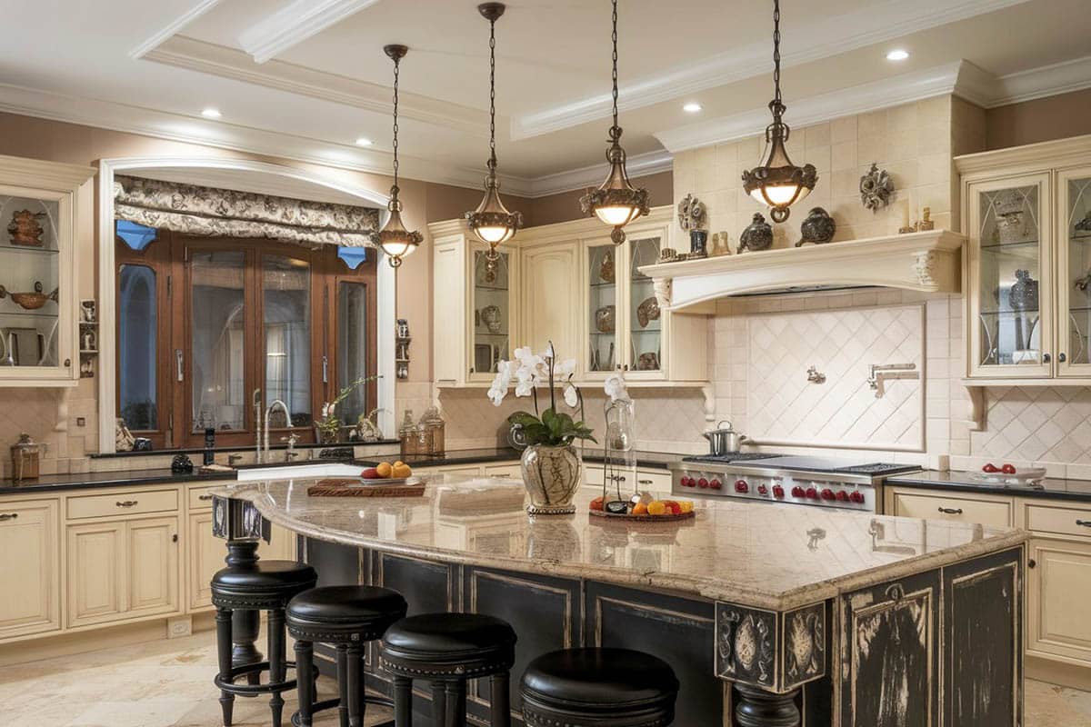 White kitchen with black island base and black kitchen counters