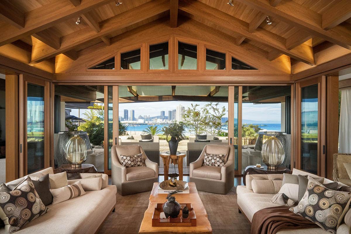 Room with open beam plank ceiling