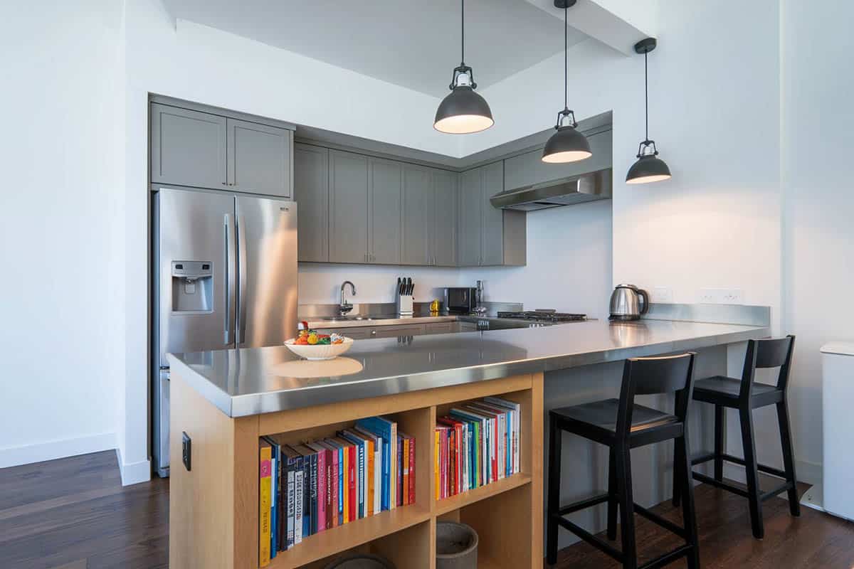 Modern kitchen with stainless steel counter peninsula