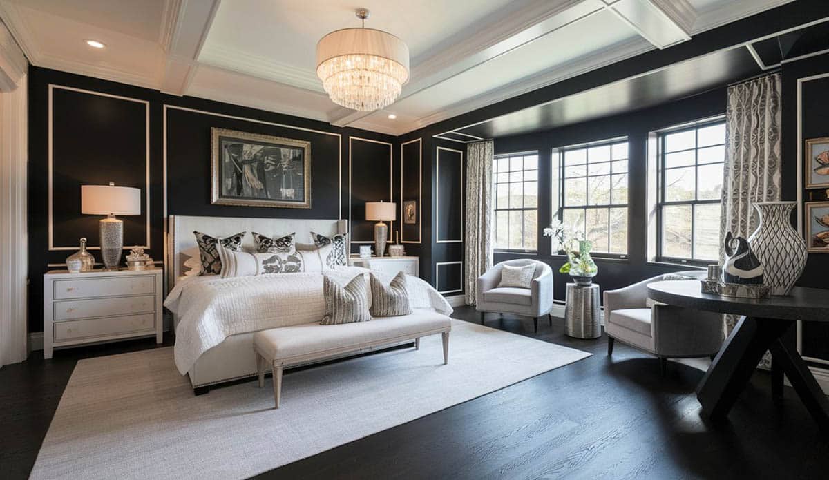 Art deco master bedroom with dark color scheme and wood floors