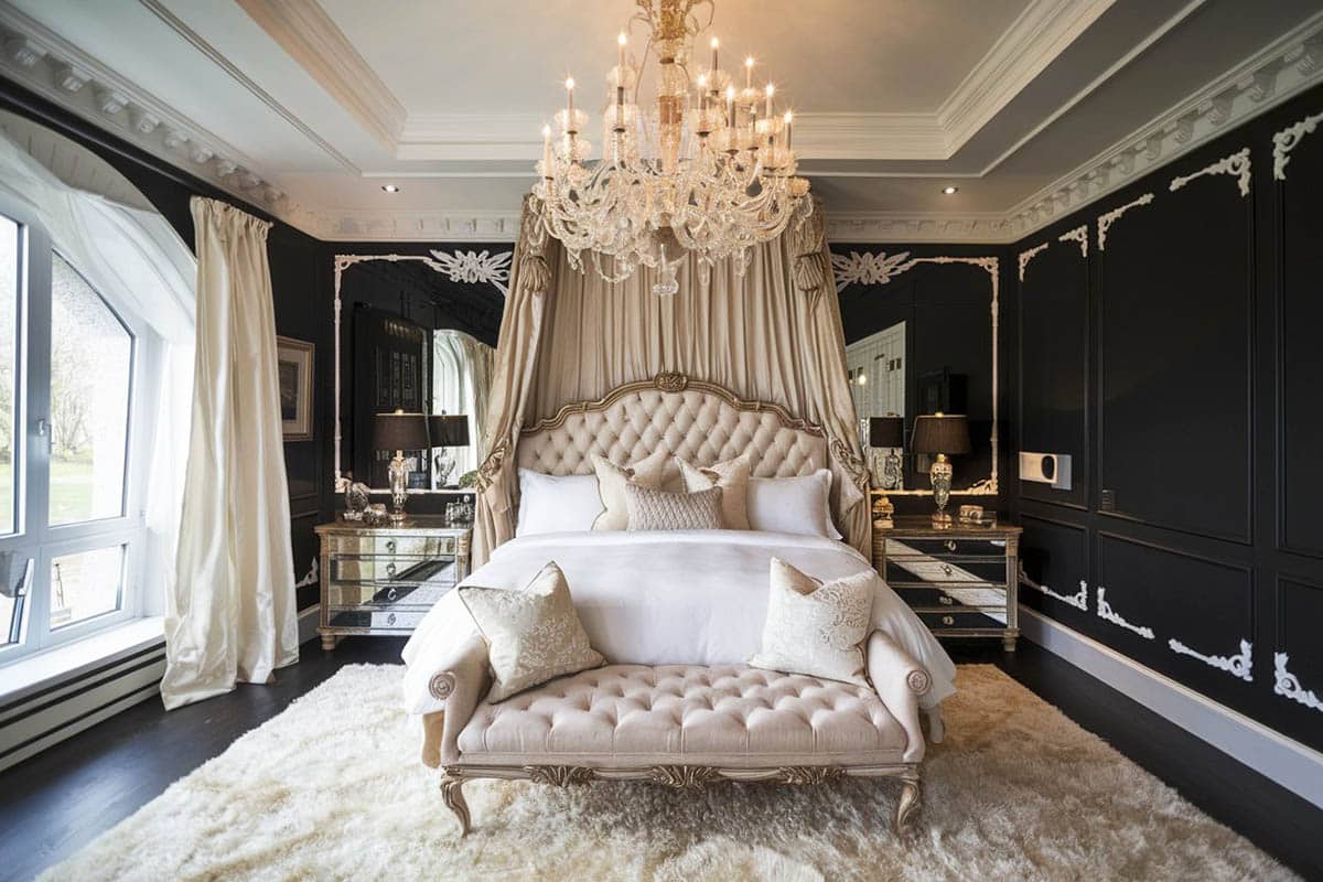 Chic bedroom with black accent walls and cream tufted bed