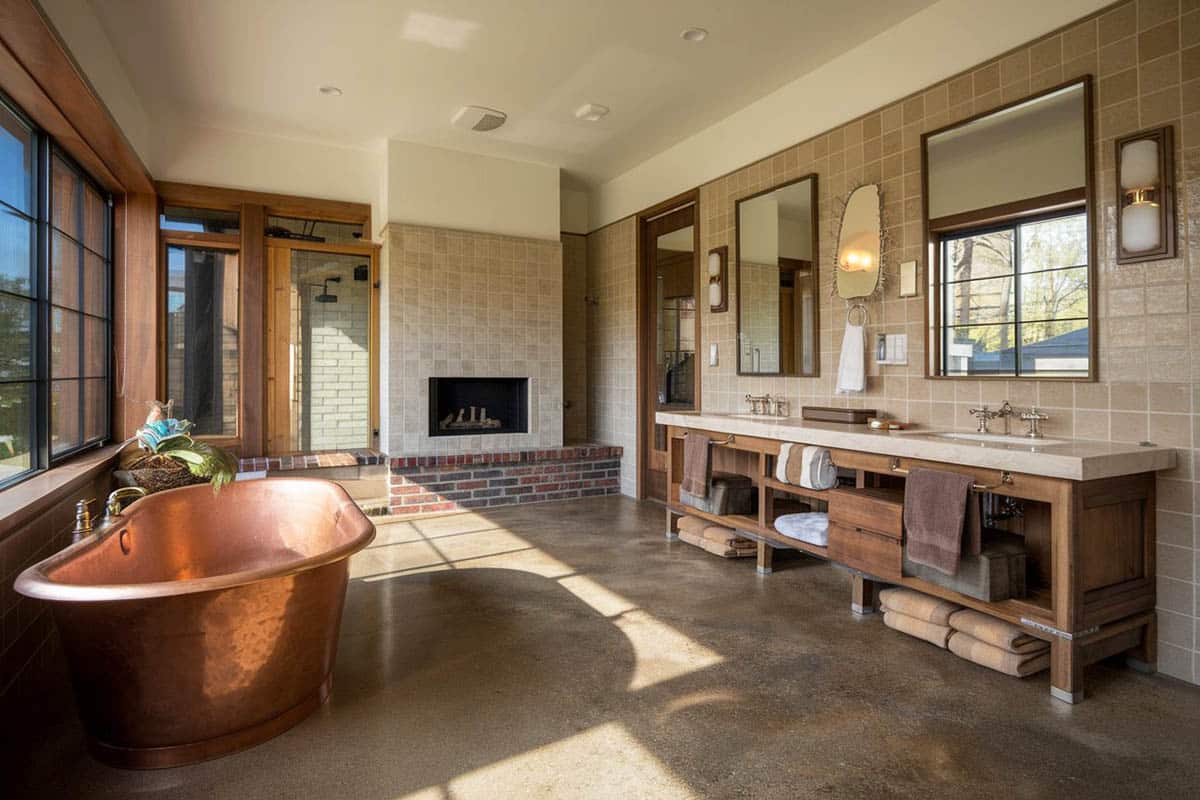 Bathroom with brushed copper and polished copper bathtub
