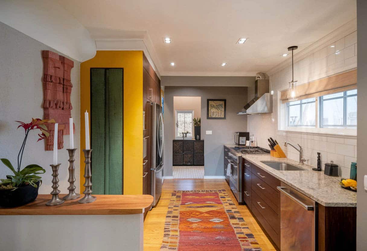 Kitchen with brown cabinets and yellow accent wall