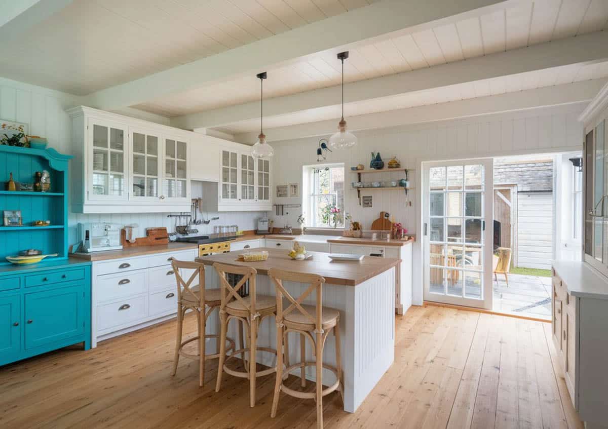 Kitchen with white painted cabinets with glass doors and custom wood countertops