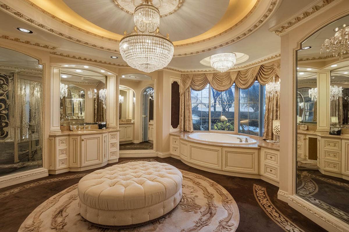 Beautiful primary bathroom with traditional decor and crystal chandelier separate tub room