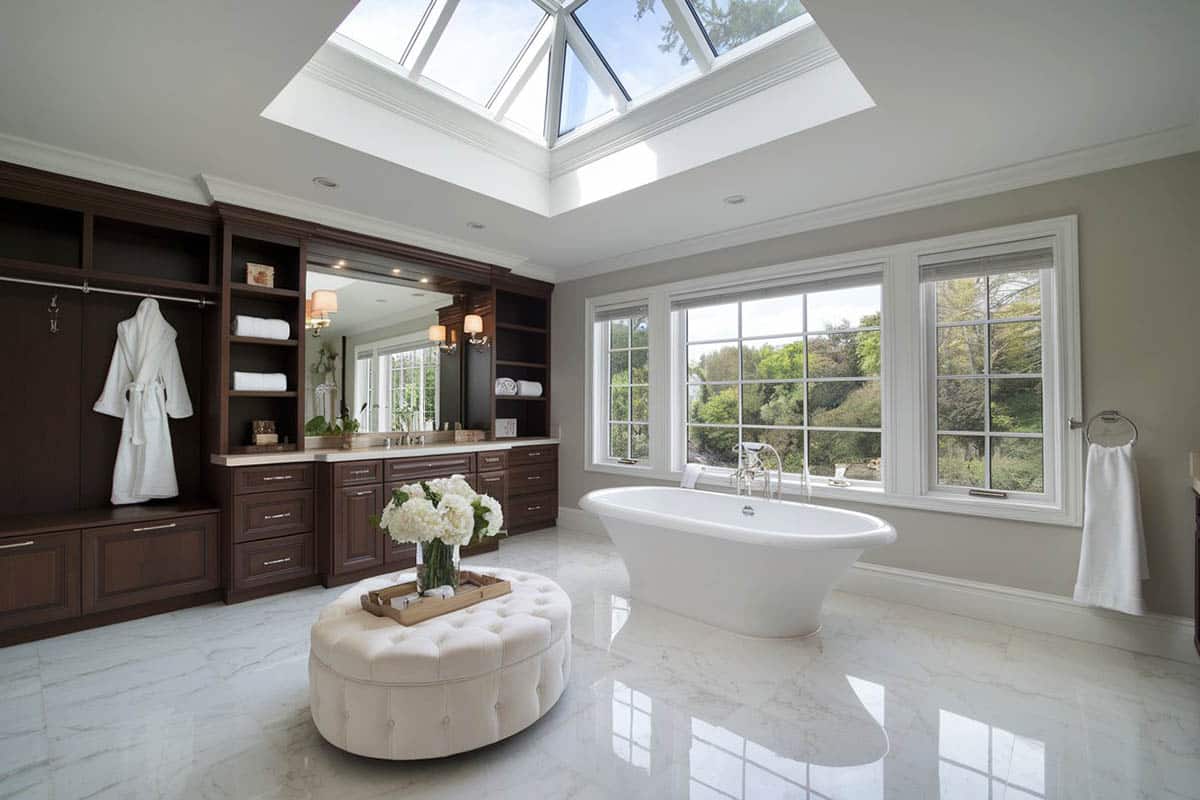 Contemporary bathroom with freestanding acrylic tub, skylight and tufted ottoman