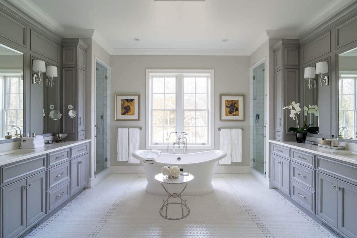 Dream bathroom with soaking tub with view and his and her vanities