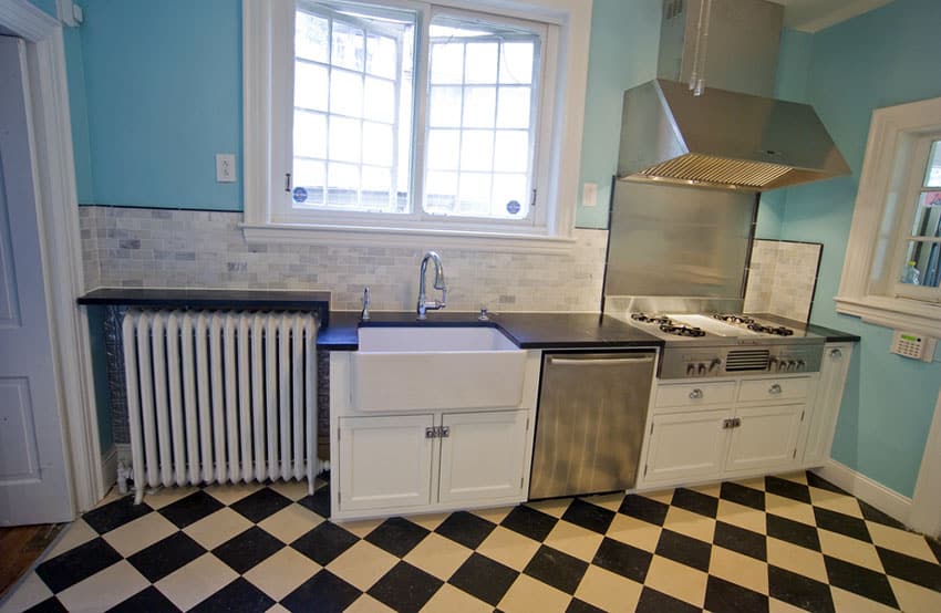 Black and white checkered linoleum floor