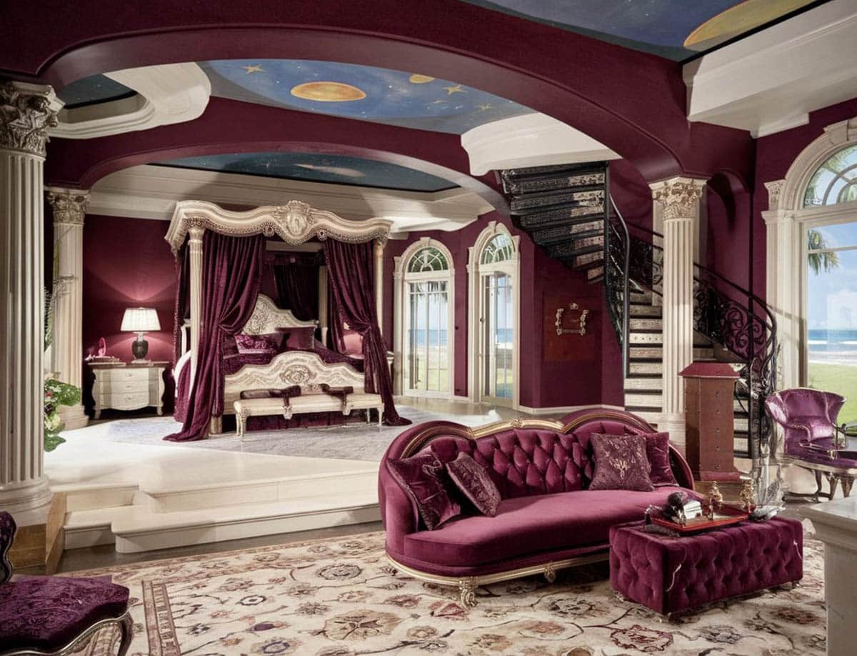 bedroom with purple furniture and decor with pillars and marble floors