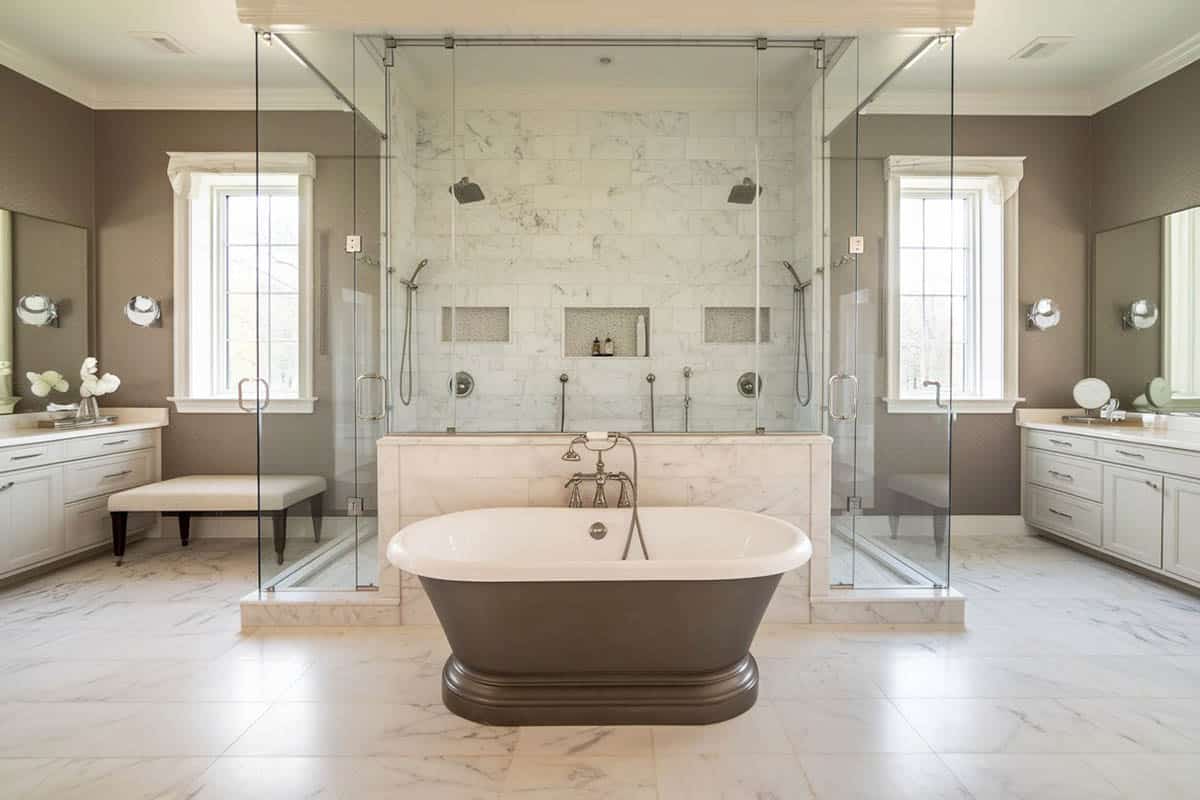 Bathroom with large shower, cast iron bathtub and marble floors