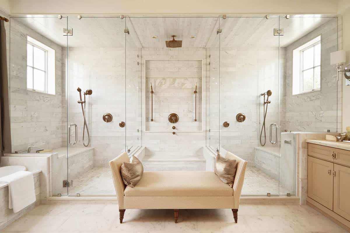 Large luxury shower with bianco gioia marble