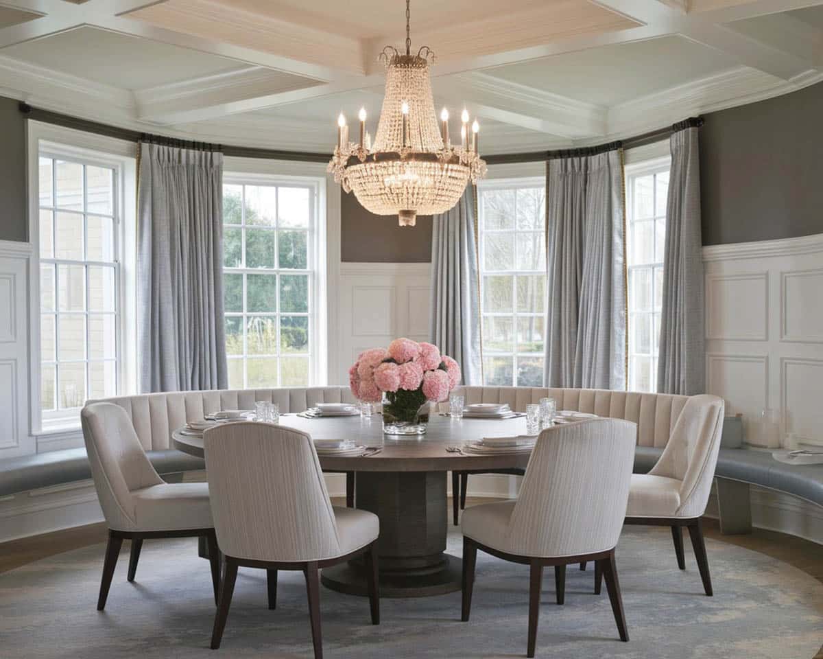Gray and beige two tone dining room with carpet