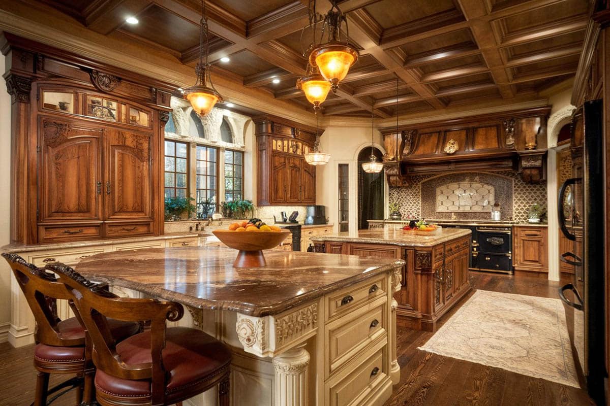 Italian style kitchen with rustic tile counter and two islands