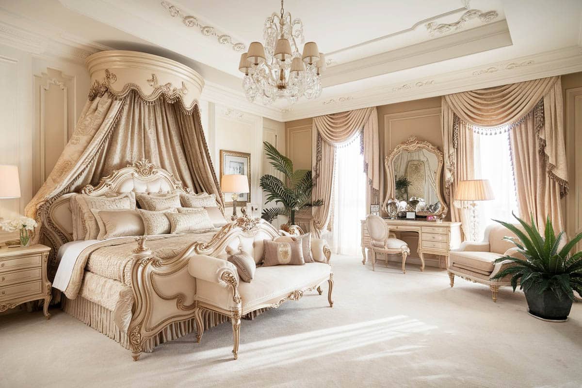 Luxury Parisian style master bedroom with beautiful decor canopy bed and chandelier