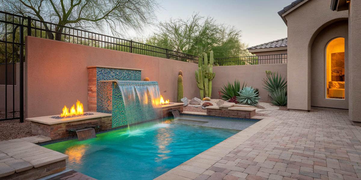 beach entry pool with mosaic tiled wall, sheetfall, dual fire pits and pavers
