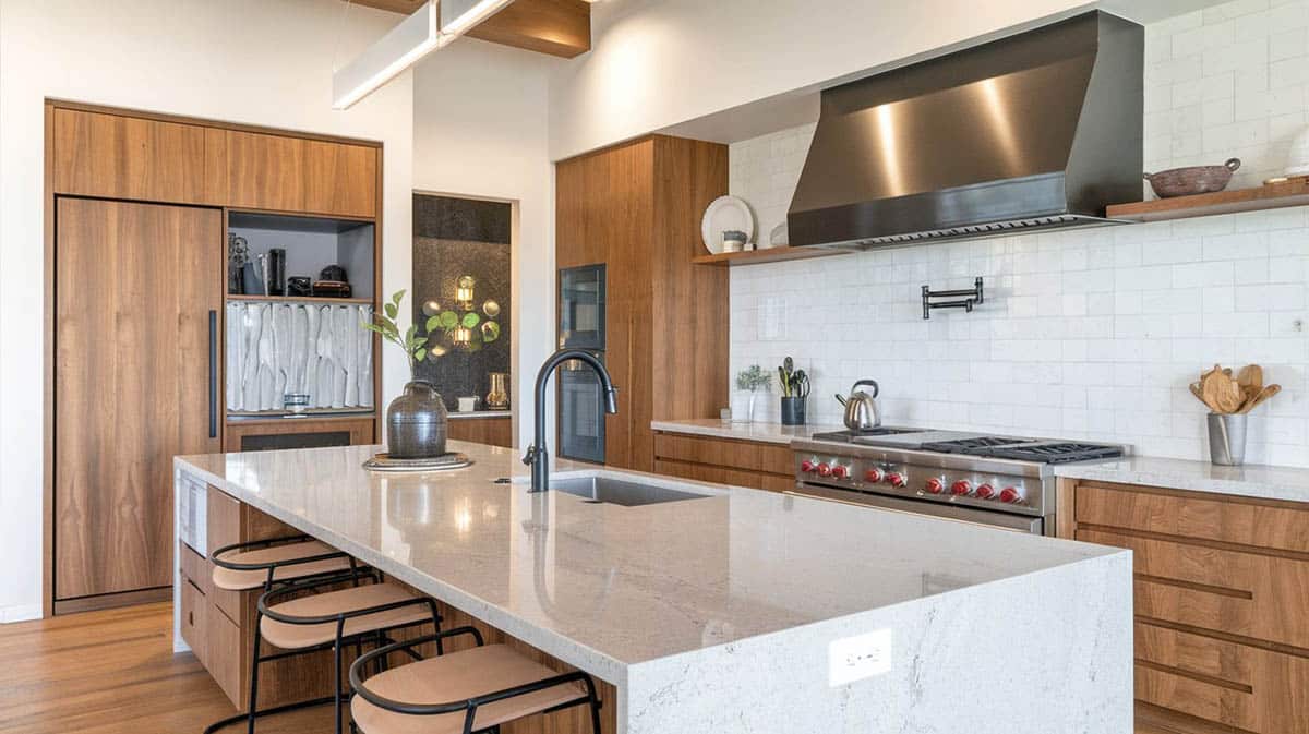 New construction kitchen with quartz waterfall island wood veneer cabinetsand stainless oven hood