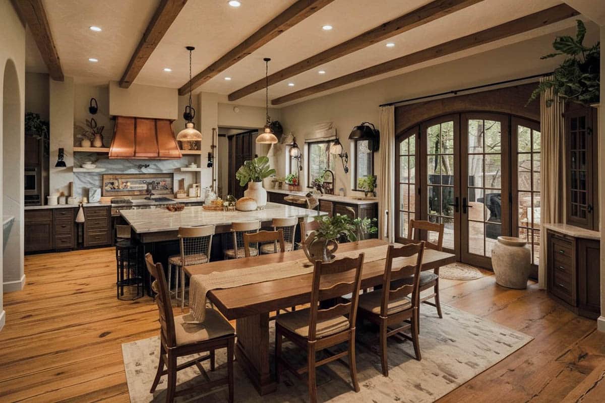 Kitchen with granite counters, copper oven hood, and raised wood cabinets