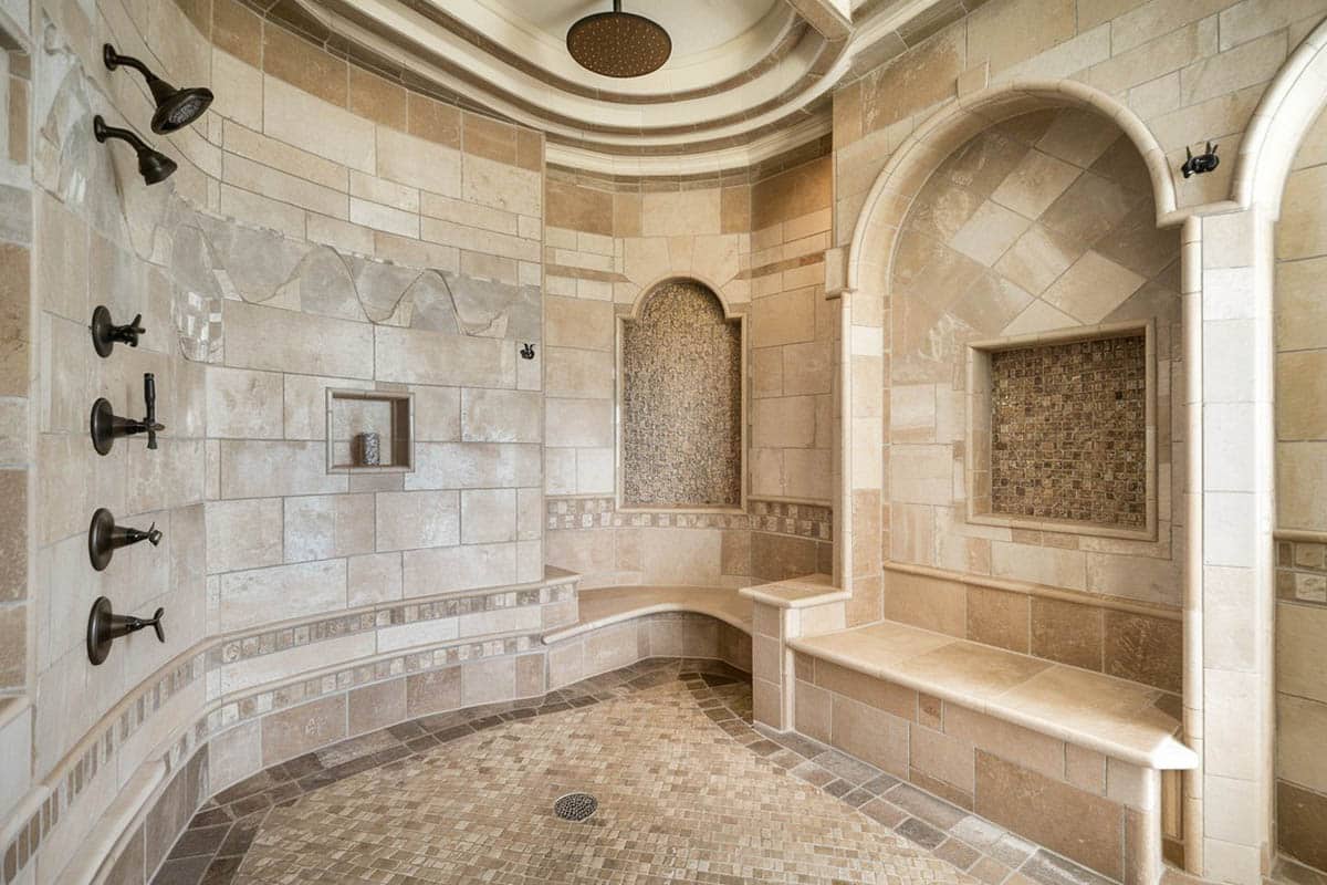 Mediterranean shower with travertine tile walls and marble floor tile with bronzed hardware and rainfall showerhead