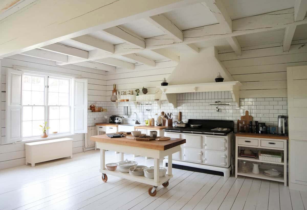 Kitchen moveable island with wood countertop