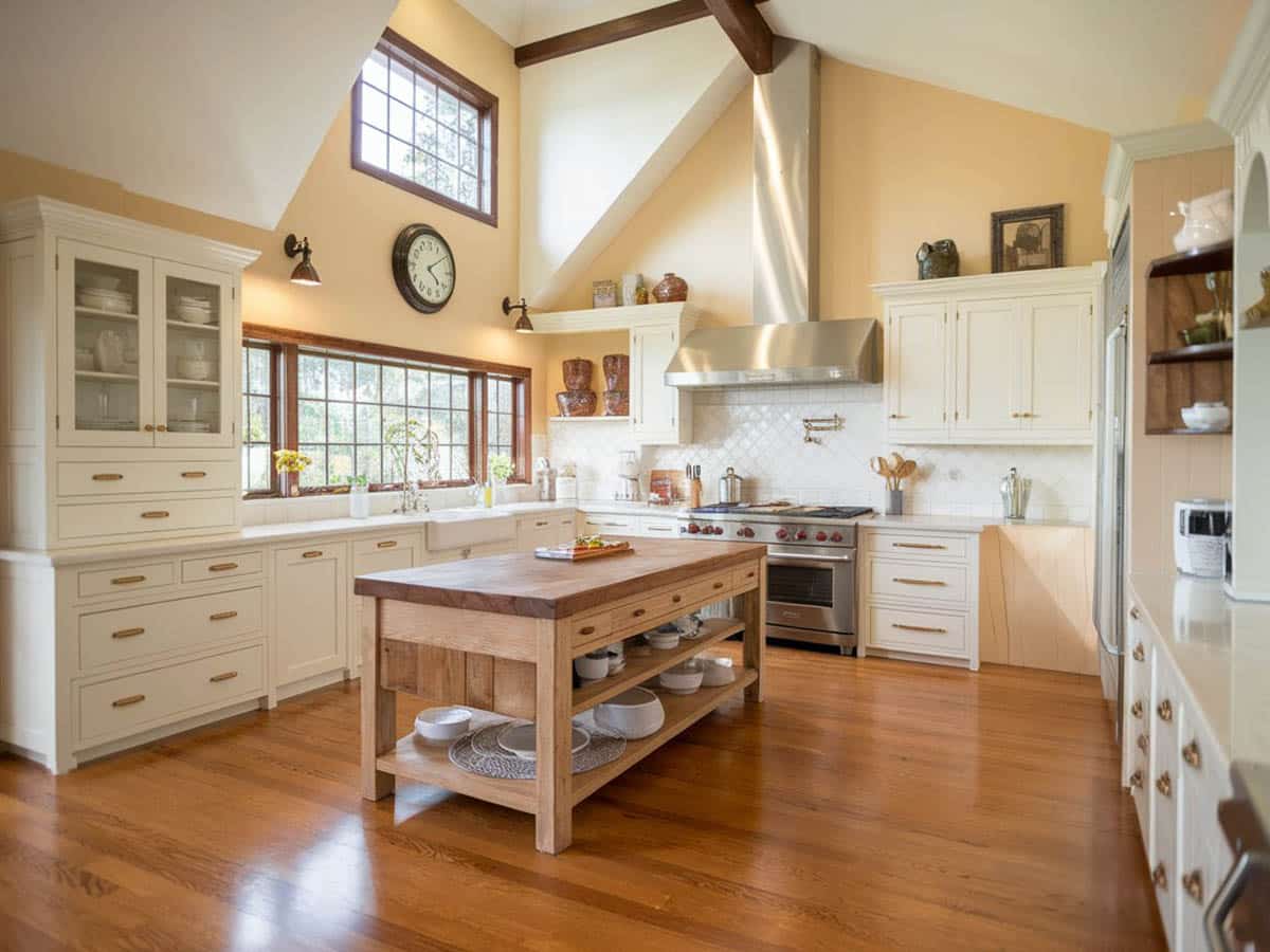 Kitchen with salvaged wood countertop and plank floor