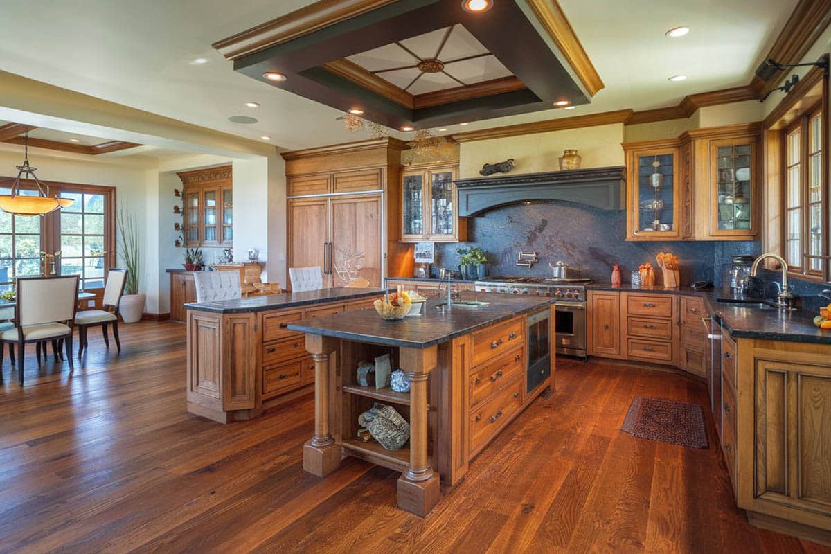 Kitchen with indian dakota granite for main countertops and wooden flooring