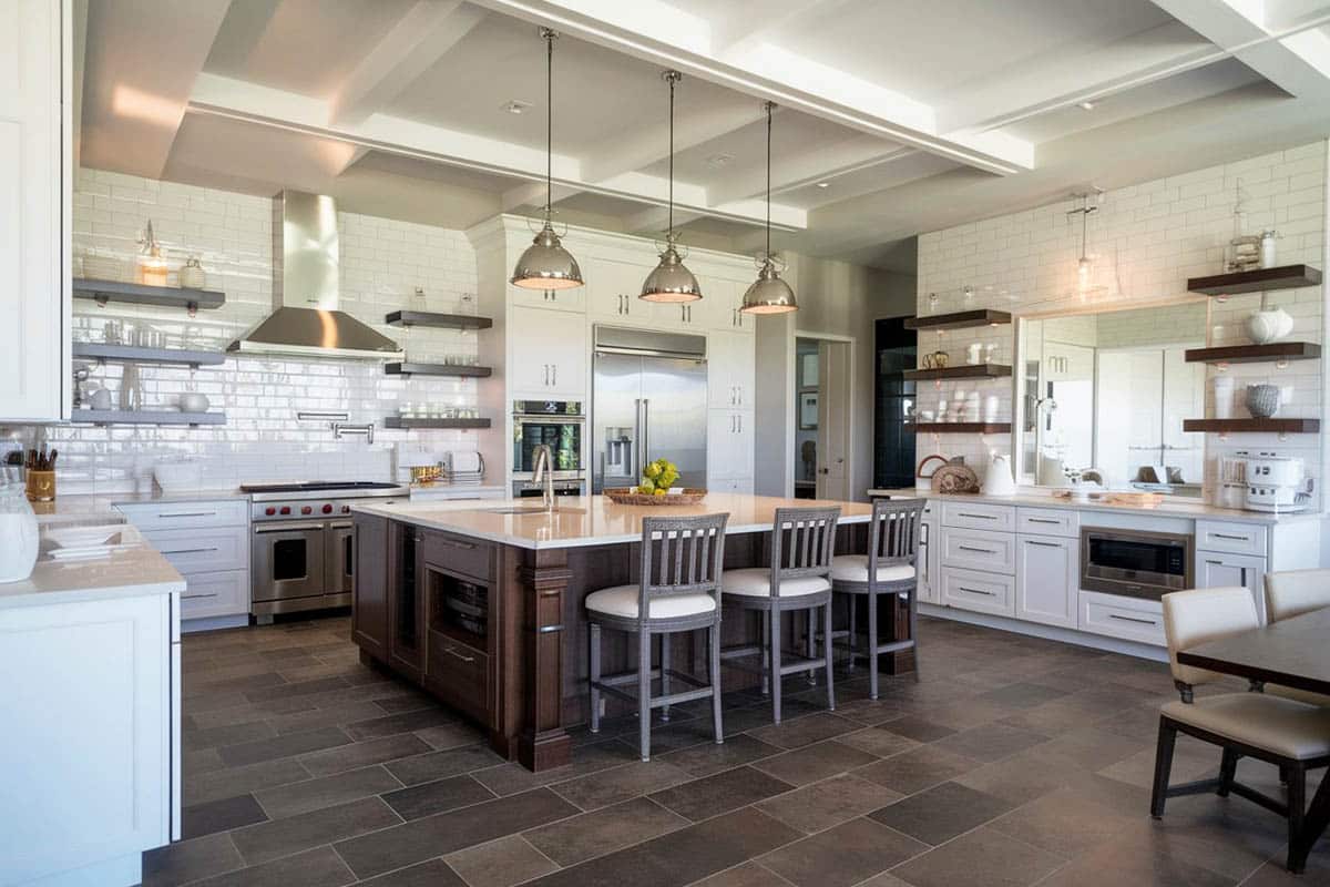 Kitchen with stainless steel counters and large dining island