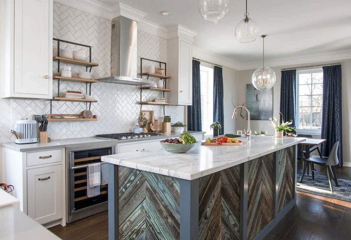 Barn wood kitchen island with white marble counter