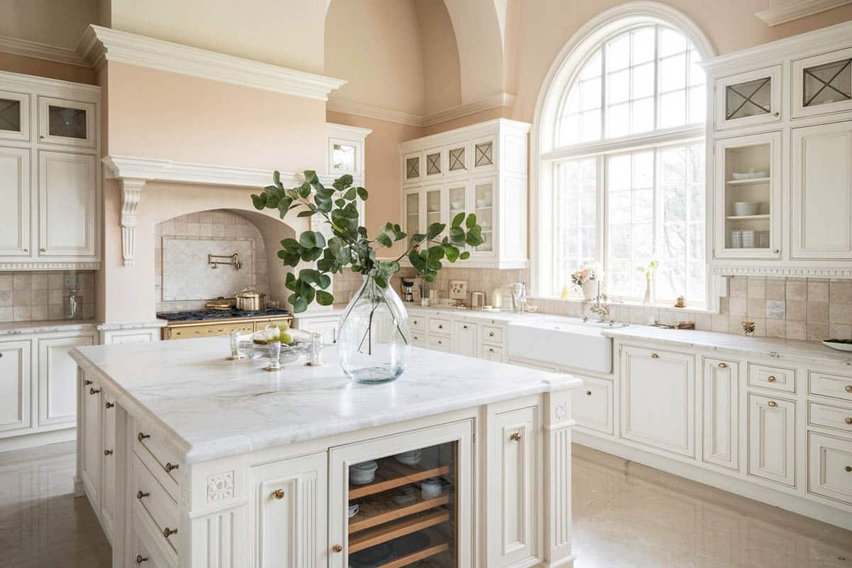Luxury kitchen with white cabinetry, giallo fantasia granite counter, center island, dining island and marble floors