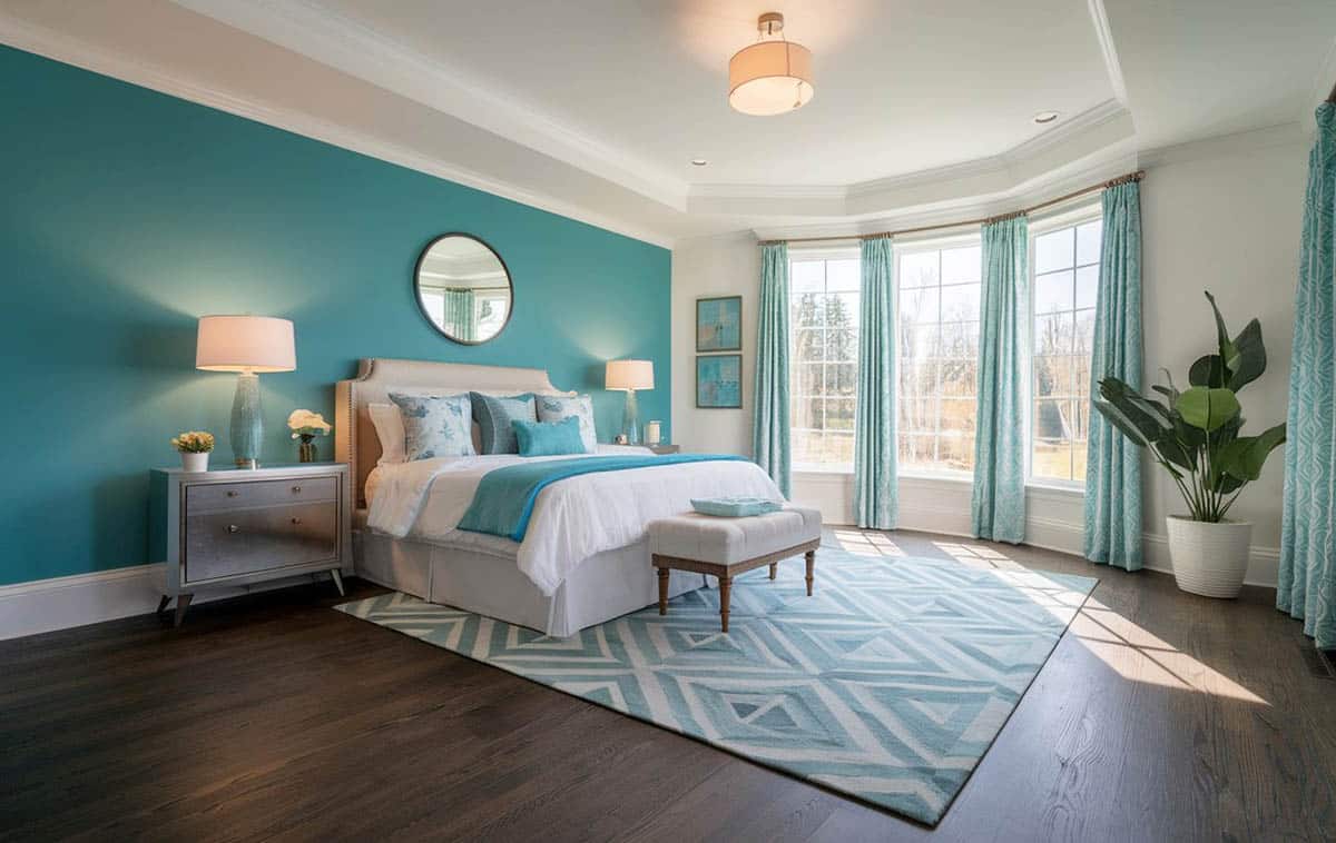 Bedroom with accent wall in blue green paint and white bed
