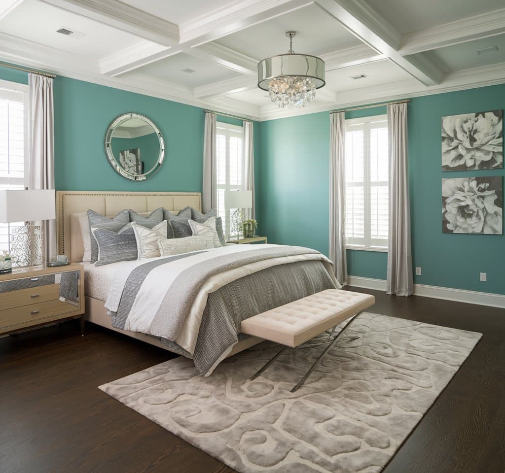 Contemporary bedroom with mirror, dressers, wood flooring and shag drum and pendant lights