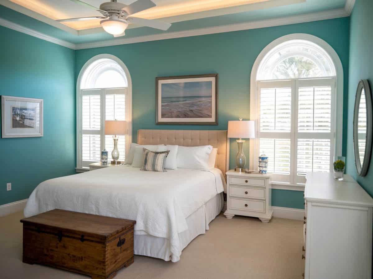Cottage style bedroom with white and blue theme with curved decorative windows and plantation shutters