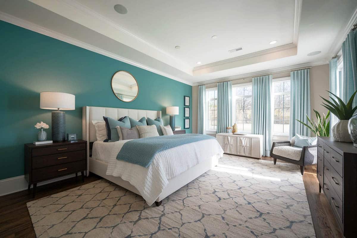 Luxury teal master bedroom with cove ceiling, wood floors and area rug